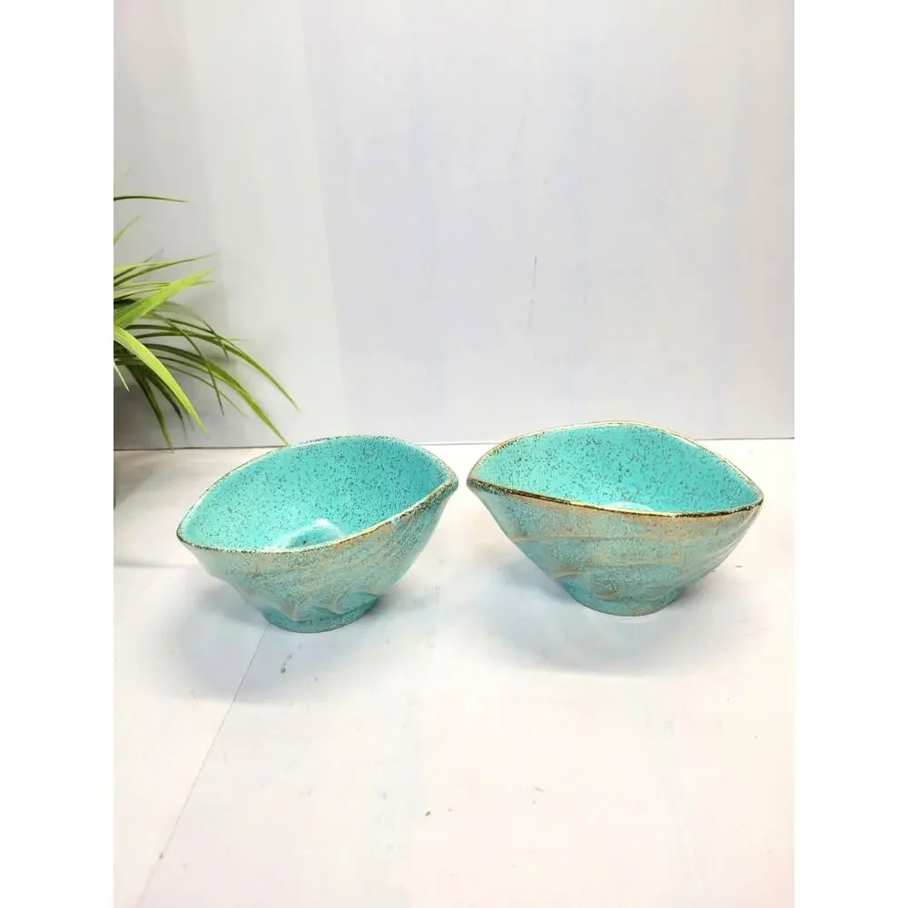 Vintage California Pottery 914 Candle Holders Aqua Gold Speckled MCM Teardrop